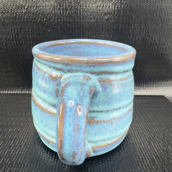 Hand Made Stoneware Pottery Coffee Mug Cup Heavy Blue Glaze Swirl Mug Signed - Picture 2 of 7